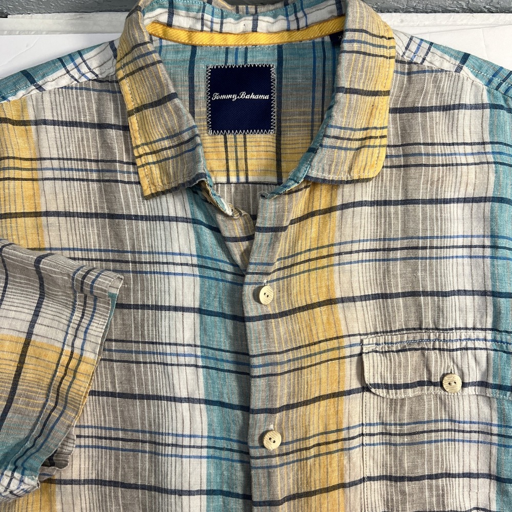 Tommy Bahama 100% Linen Plaid Shirt Blue/Yellow/white Short Sleeve XLarge